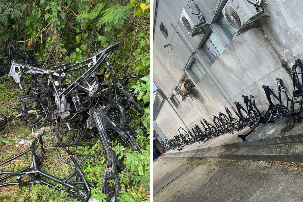 A Polícia Civil encontrou dezenas de quadros de motos roubadas e furtadas escondidas em uma área de mata no Tancredo Neves