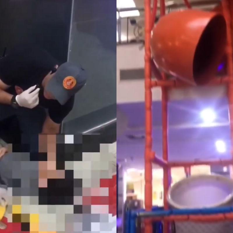 Menino caiu de escorregador que está sendo desmontado; criança foi socorrida por bombeiros do shopping e depois encaminhada ao Pronto-Socorro Central de São Vicente