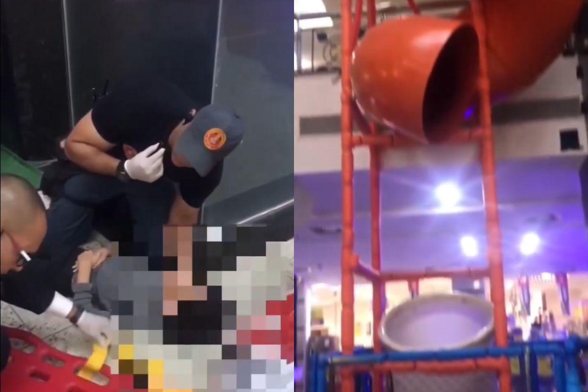 Menino caiu de escorregador que está sendo desmontado; criança foi socorrida por bombeiros do shopping e depois encaminhada ao Pronto-Socorro Central de São Vicente