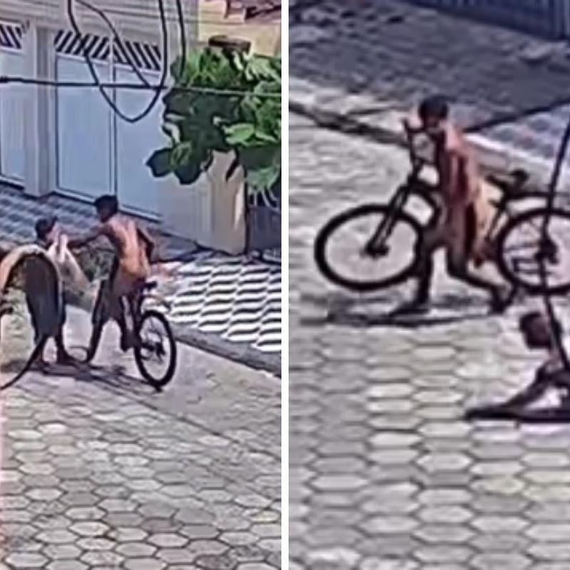 Câmeras de monitoramento flagraram o assalto que aconteceu na Rua Pedro Álvares Cabral, em São Vicente