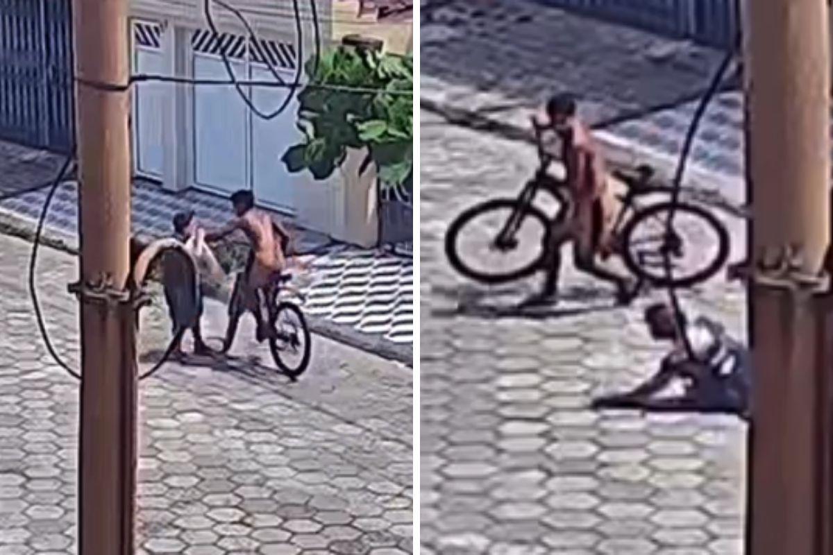 Câmeras de monitoramento flagraram o assalto que aconteceu na Rua Pedro Álvares Cabral, em São Vicente