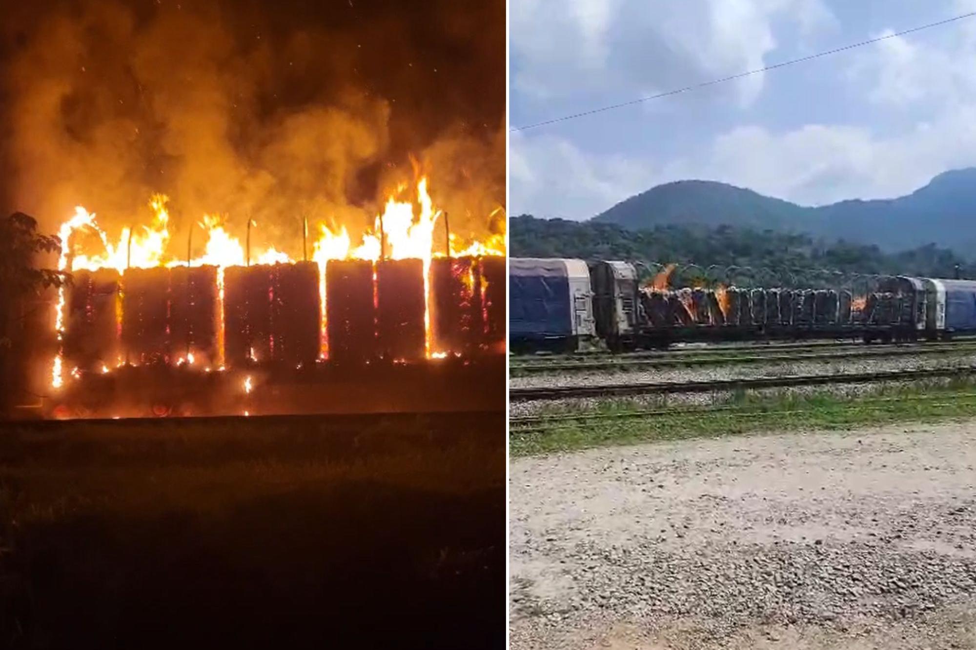 Vagão foi incendiado na Estação Paratinga, em São Vicente, SP
