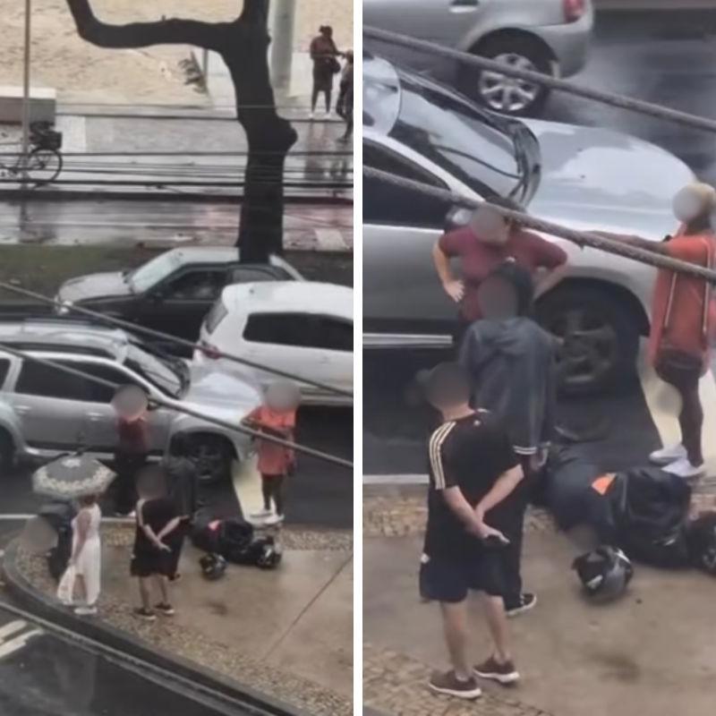O motociclista ficou caído entre a calçada e a rua após se ferir na colisão com o carro