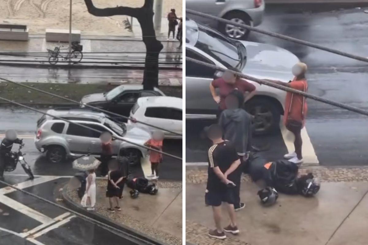 O motociclista ficou caído entre a calçada e a rua após se ferir na colisão com o carro