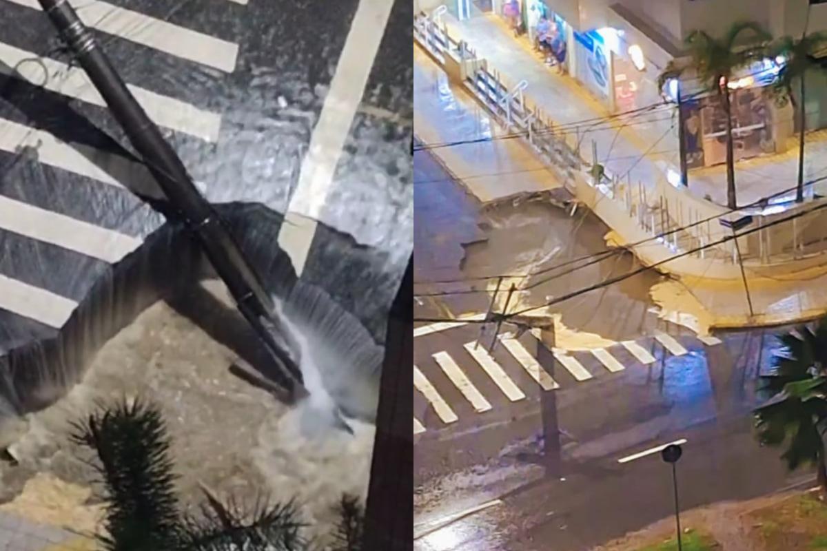 A cratera se abriu no asfalto de São Vicente