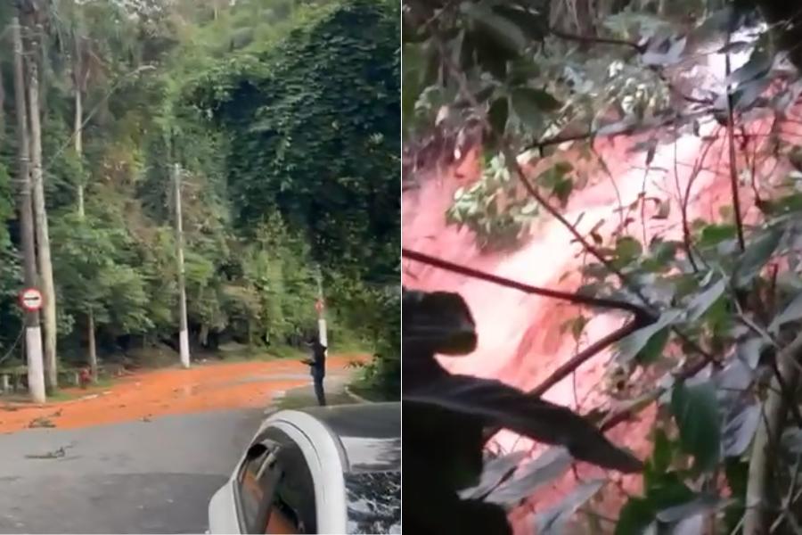 A adutora rompeu causando deslizamento de terra, além de invadir o leito carroçável da Ilha Porchat, causando interdição parcial