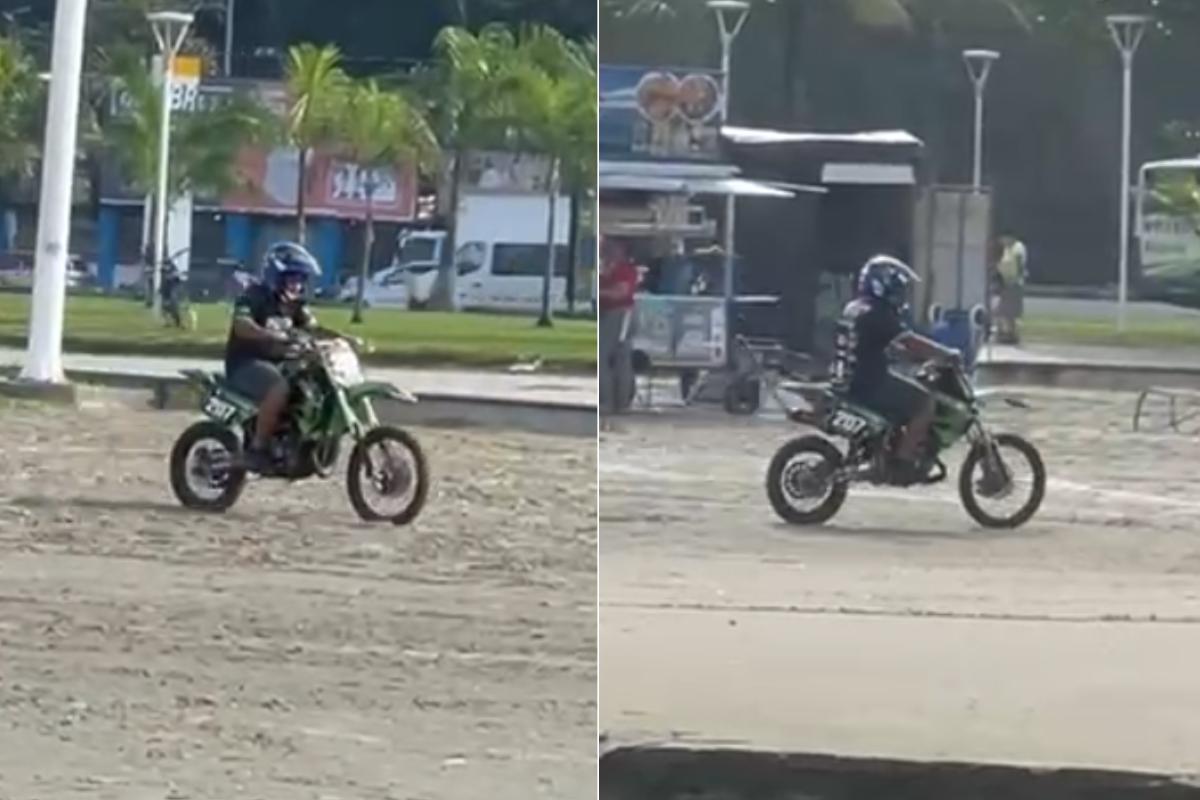 Homem foi flagrado acelerando moto na faixa de areia da Praia do Itararé, em São Vicente
