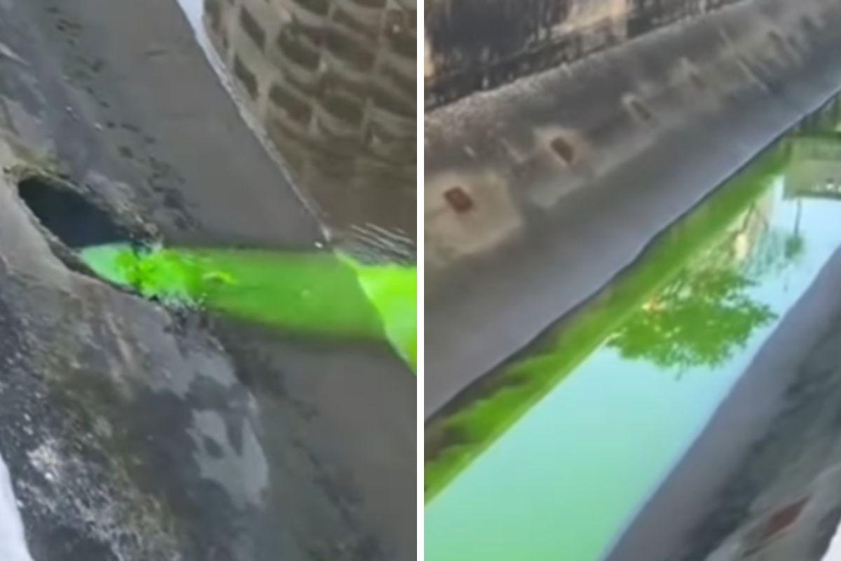 Líquido verde foi flagrado escorrendo pelo canal 7, em Santos